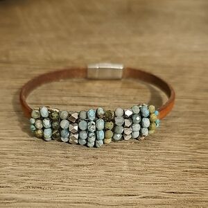 Blue and Brown Leather Bracelet with Beads